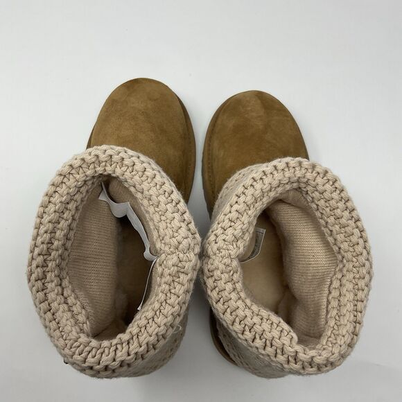 UGG Darrah Girls Sweater Knit Chestnut Suede Sheepskin Foldover Button 5 Kids - Picture 11 of 16